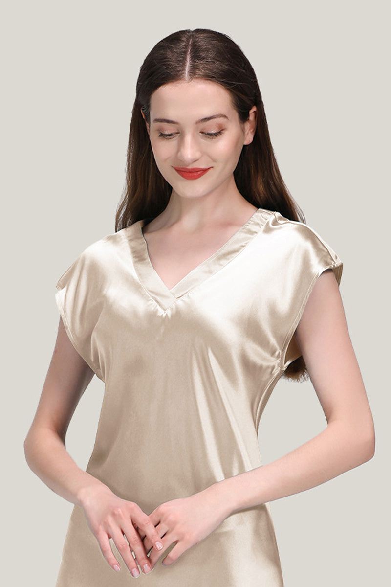 woman wearing beige mulberry silk v-neck nightgown with short sleeves