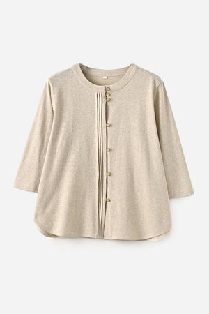 Linen cotton classy eco-friendly women's shirt in neutral tone with button front and 3/4 sleeves