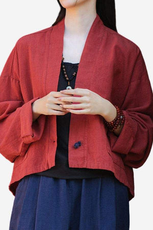One size ramie linen and cotton open-front cardigan in deep red with relaxed fit and short sleeves