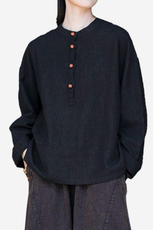 Black Ramie Linen & Cotton blouse with wooden buttons and relaxed fit for all sizes