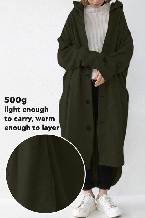 Oversized everyday buttoned hooded coat in lightweight breathable fabric, perfect for layering and travel.