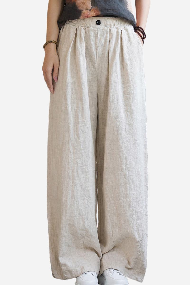 Light beige sandwashed ramie linen relaxed fit pants with elastic waistband and button detail