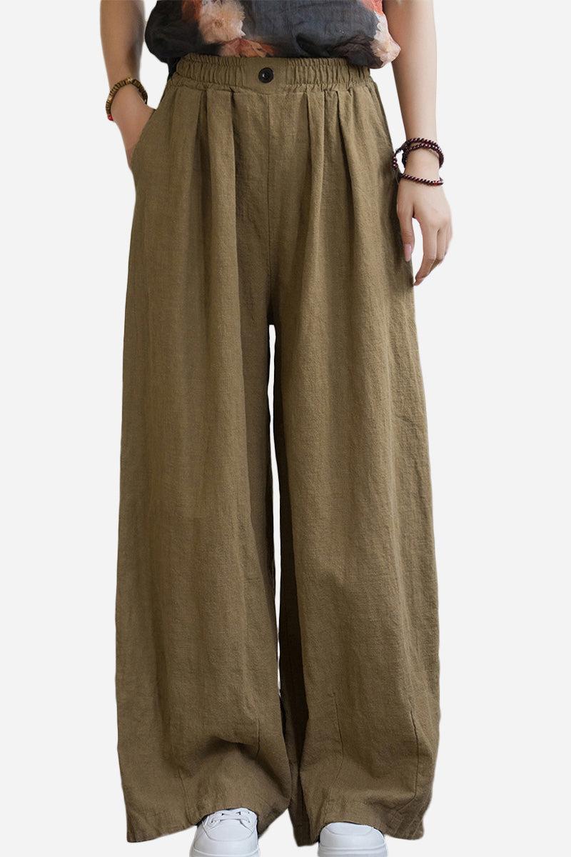 Women's olive sandwashed ramie linen wide-leg pants with elastic waistband and button closure