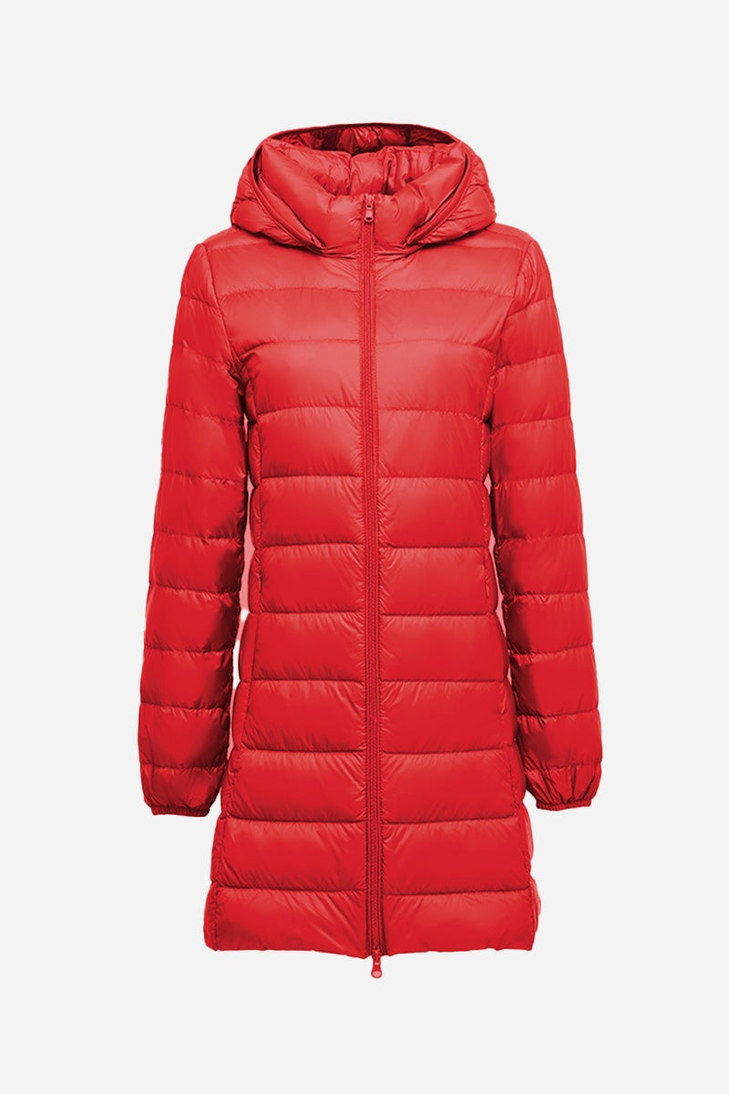 Red lightweight water-resistant hooded puffer coat for women with a sleek silhouette and packable design