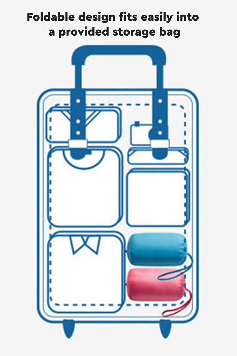 Foldable water-resistant hooded puffer coat packed compactly in storage bag for travel.