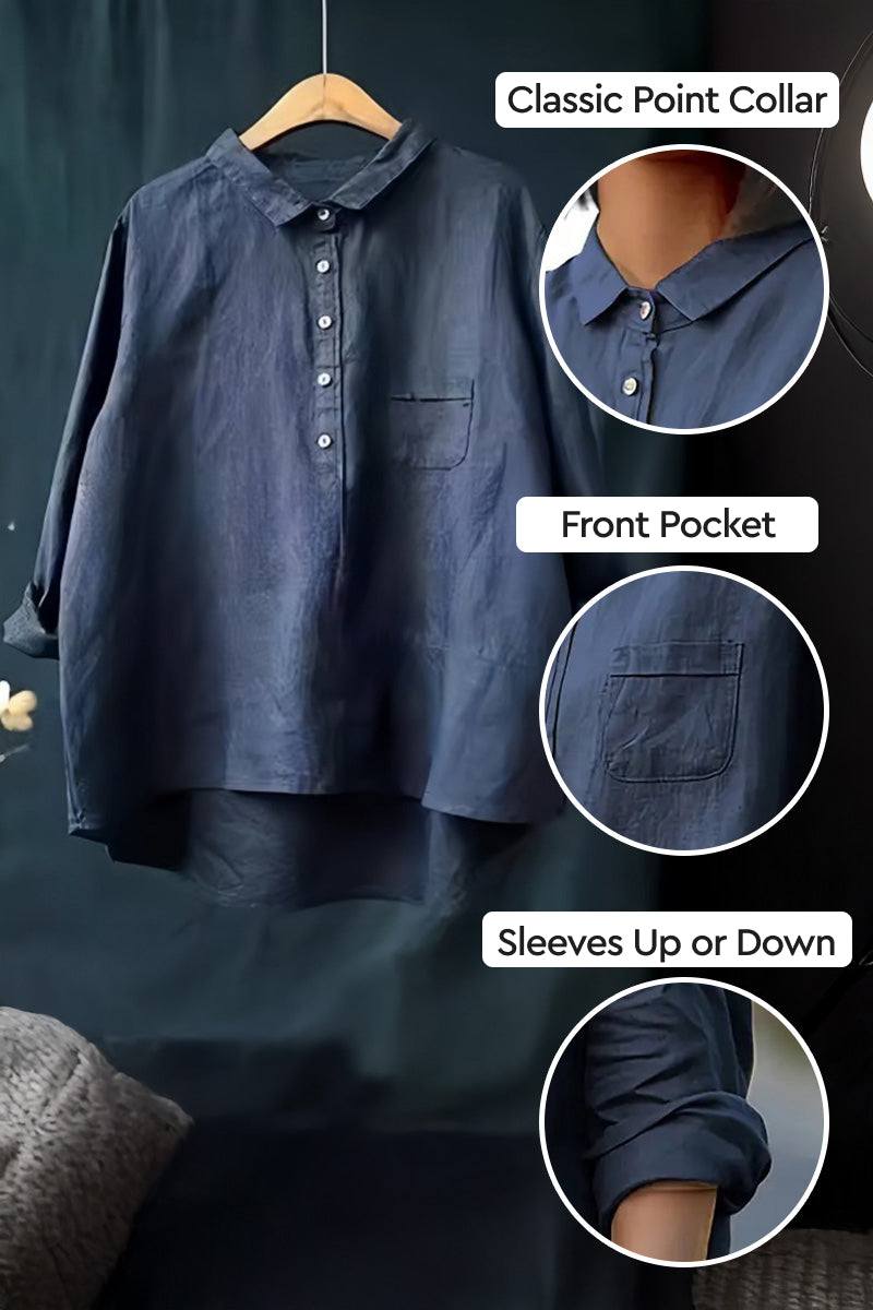 Vintage linen shirt in navy blue with classic point collar, front pocket, and rollable sleeves for casual chic style