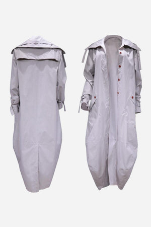 Minimalist hooded coat with oversized fit in light grey, front button closure and long sleeves, front and back views