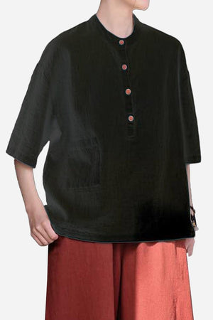 Black one size fits all ramie linen and cotton shirt with button details and relaxed fit