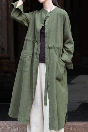 Oversized casual loose ramie linen cardigan in green with front pockets and button closure