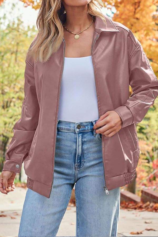 Oversized faux leather motorcycle jacket in mauve with zipper and casual fit