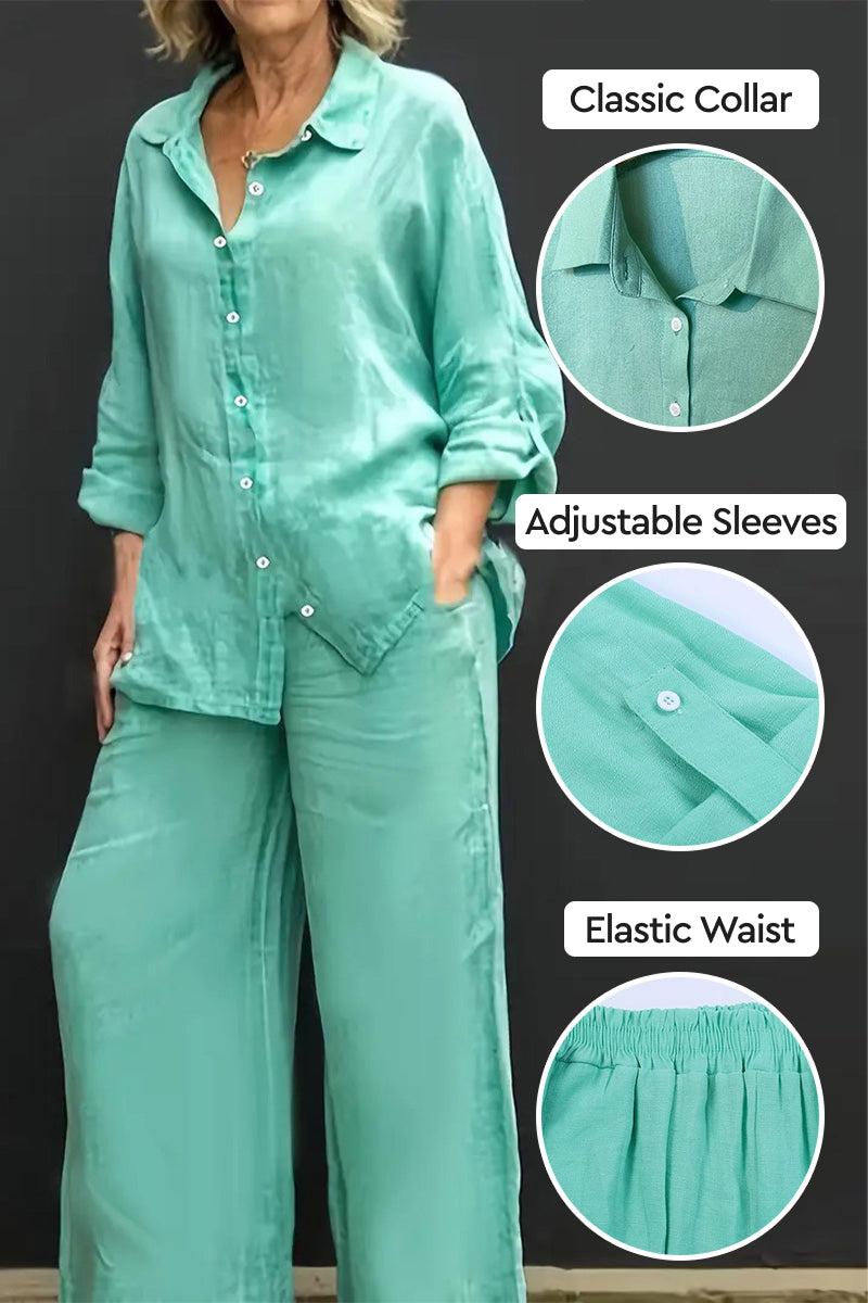 Cotton blend two-piece set with classic collar, adjustable sleeves, and elastic waist in light green color