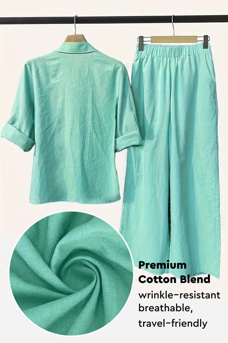 Mint green cotton blend two-piece set with wrinkle-resistant breathable fabric, featuring a long sleeve shirt and elastic waist pants, travel-friendly design.