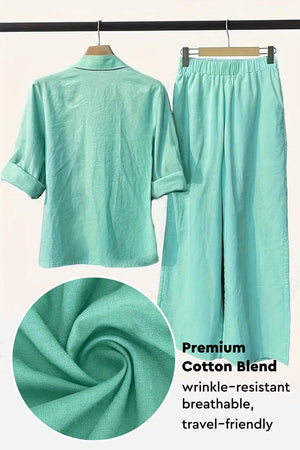 Mint green cotton blend two-piece set with wrinkle-resistant breathable fabric, featuring a long sleeve shirt and elastic waist pants, travel-friendly design.