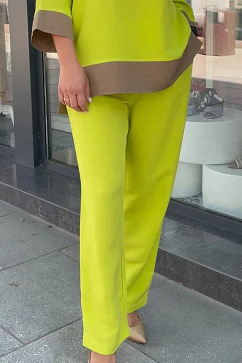 Bright yellow dual-tone 3/4 sleeve two-piece set with brown trim and relaxed fit pants