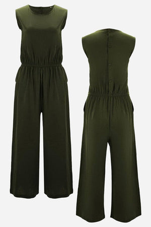 Pure Cotton minimal confidence two-piece set sleeveless olive green jumpsuit with elastic waist and button back closure.