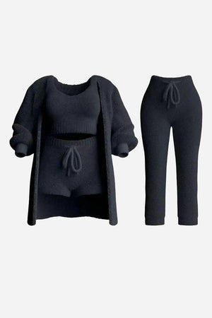 Cloud Soft 4-Piece collection black soft-touch knit set with cardigan, tank top, shorts, and pants