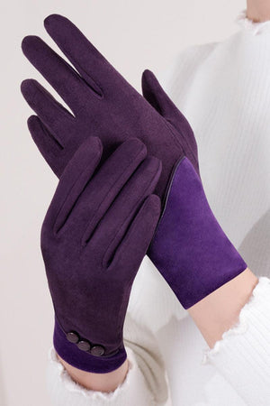 Purple SmartTouch suede gloves with fleece lining and button detail, touchscreen compatible, slim fit for travel and warmth