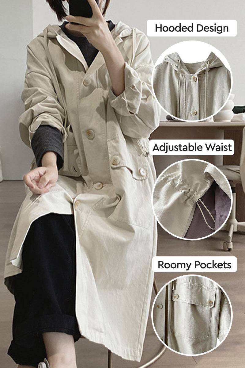 One size travel-ready hooded windbreaker in natural cotton with adjustable waist and roomy pockets
