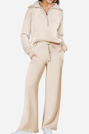 Beige Loungewear Buttersoft Tracksuit Set with zip-up top and wide-leg pants