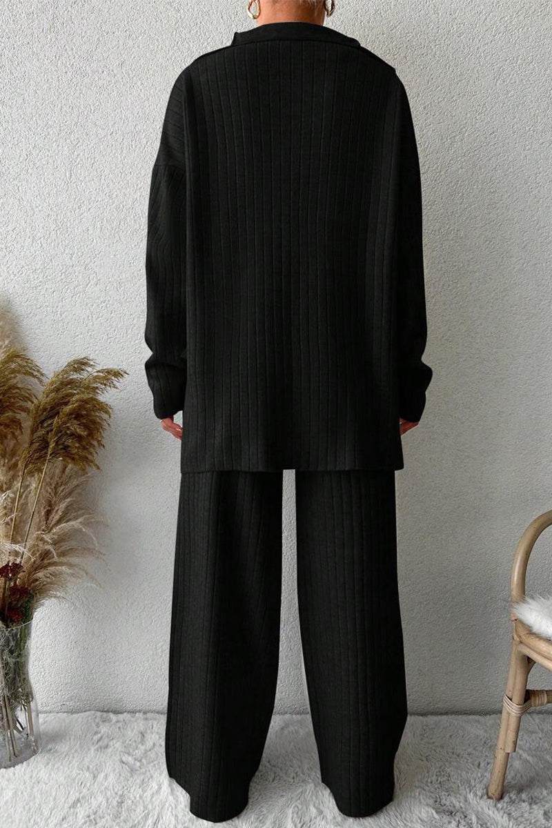 Plus-size black ribbed knit comfort set for work from home with relaxed fit and stretchy fabric