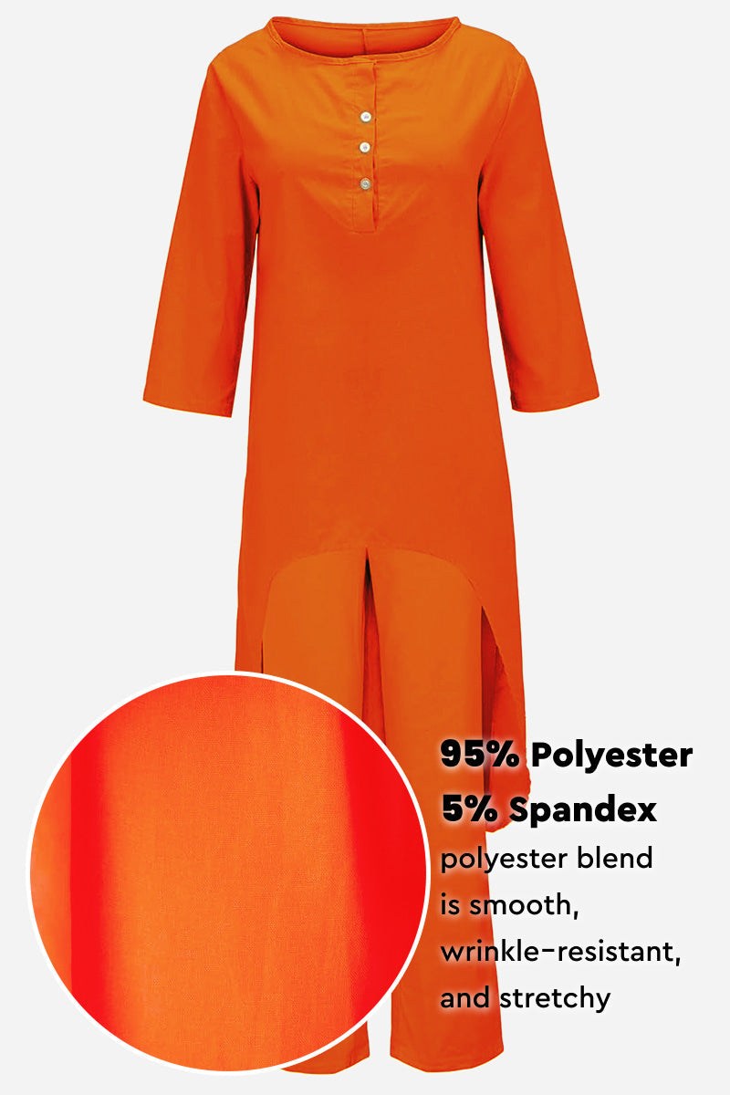 Orange breathable and featherlight loungewear set with 95% polyester and 5% spandex, wrinkle-resistant and stretchy fabric.