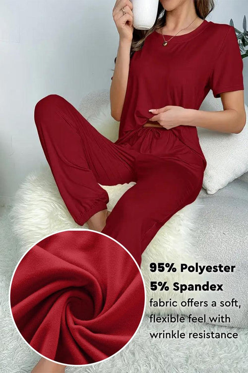 My Go To Loungewear two-piece set in red, soft polyester-spandex blend for flexible, wrinkle-resistant comfort.