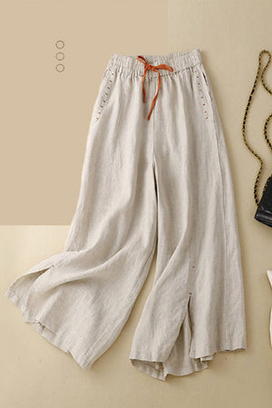 Light beige wide-leg cotton linen Tuscany pants with elastic waistband and orange drawstring detail