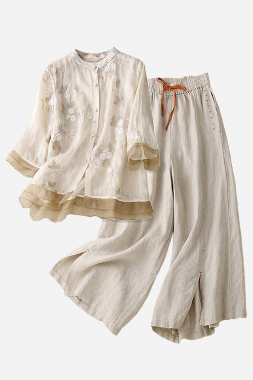 Cotton linen Tuscany two-piece set with embroidered sheer top and wide-leg linen trousers