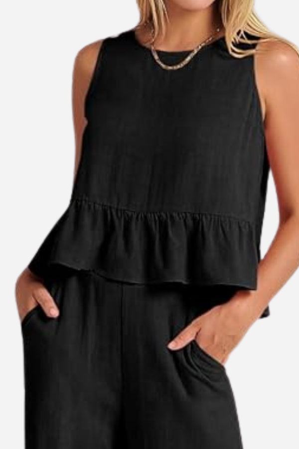 Black sleeveless linen-like feel top and pants set with ruffle detail and pockets for women, breathable and wrinkle-resistant fabric.