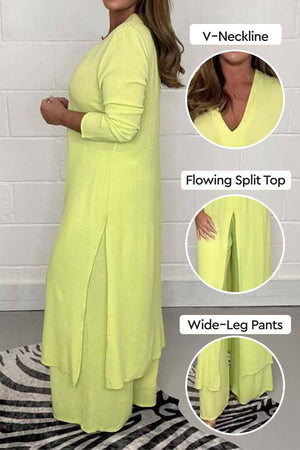 Yellow Urban Chic V-Neck split top with flowing design and wide-leg pants two-piece set