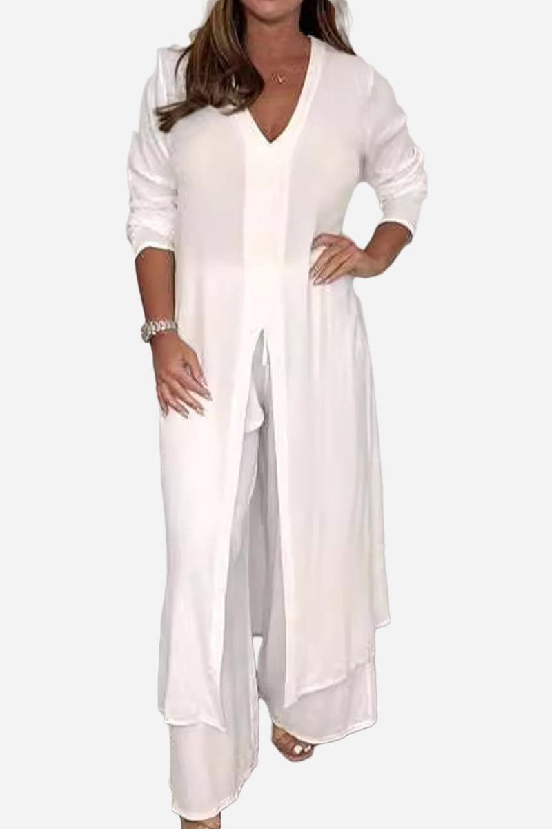 Urban Chic V-Neck Split Top two-piece set in white with long sleeves and flowing design