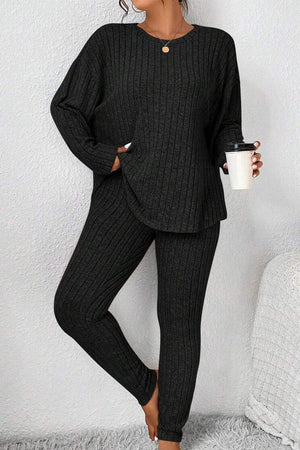 body confident oversized knit two-piece cozy black ribbed sweater and leggings set for women