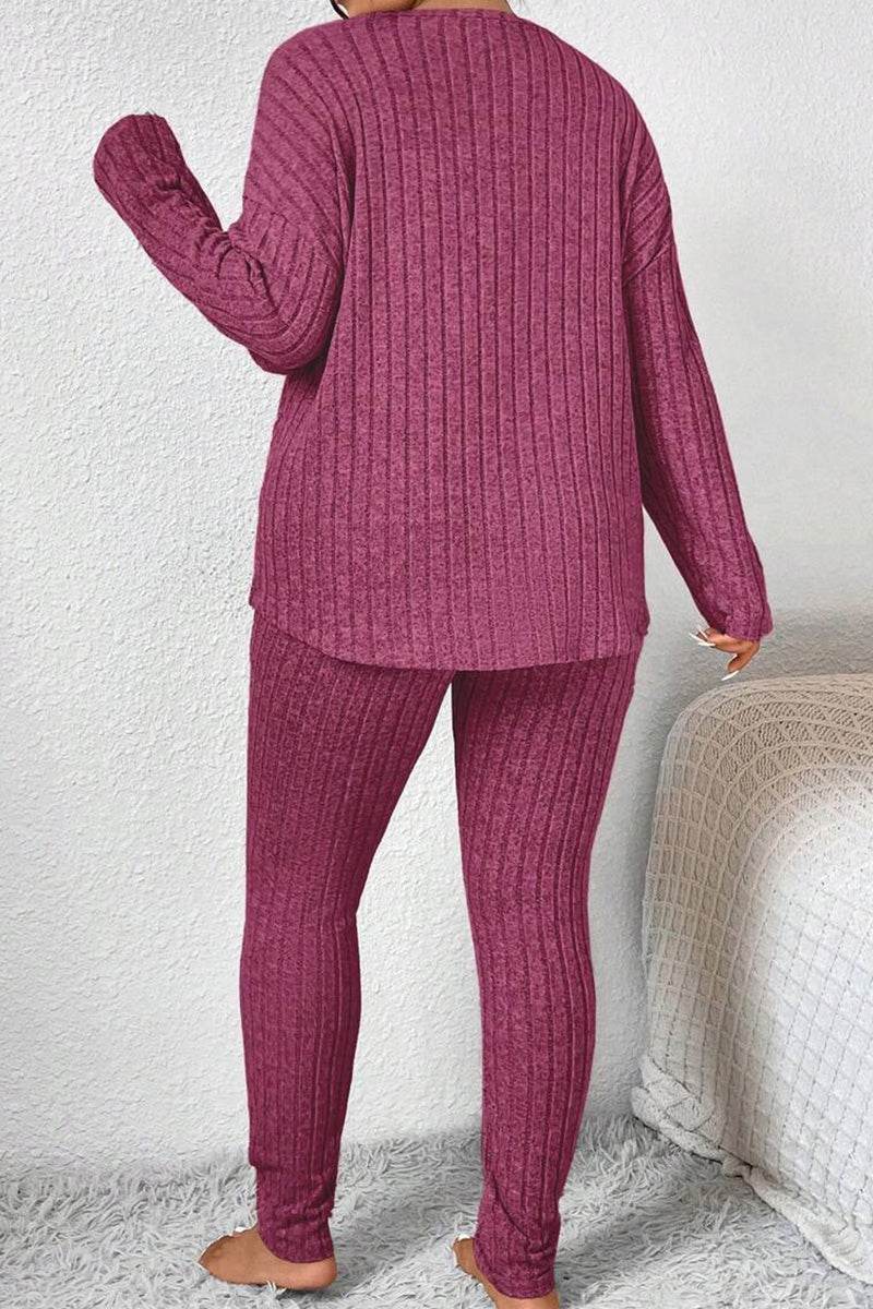 Body Confident Oversized Knit two-piece set in cozy ribbed knit fabric in a rich berry color, featuring a relaxed fit top and matching leggings.
