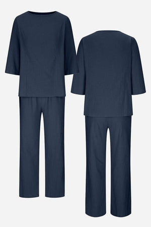 Navy elegant textured two-piece set with loose fit and crinkled fabric, front and back views