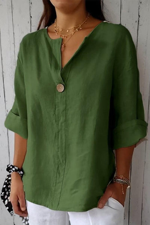Pure Linen Age-Defying Shirt in green with button detail and rolled sleeves, breathable and soft fabric.