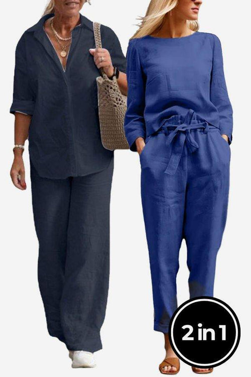 Two women wearing Casual Chic Duo breathable cotton and linen two-piece sets in navy and blue with relaxed fit pants and tops.