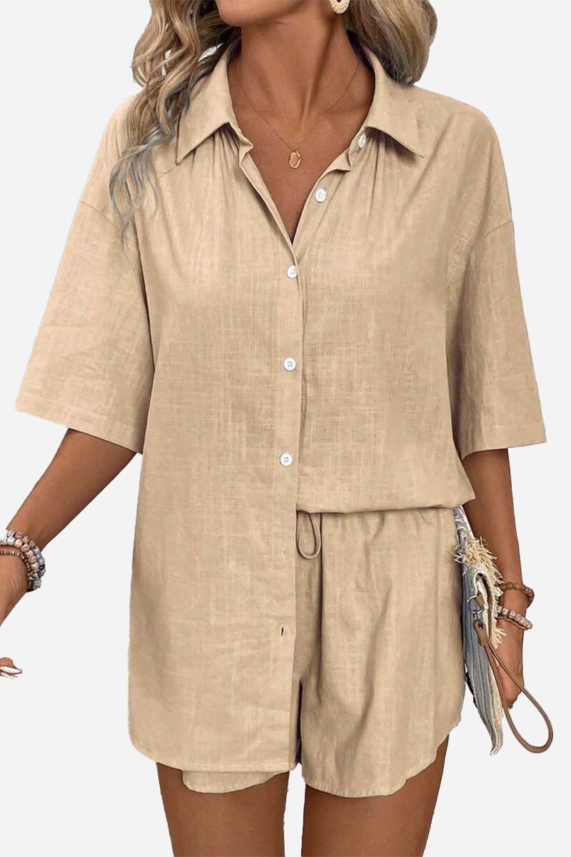 Coastal linen cotton two-piece set with button-down shirt and shorts in beige breathable fabric