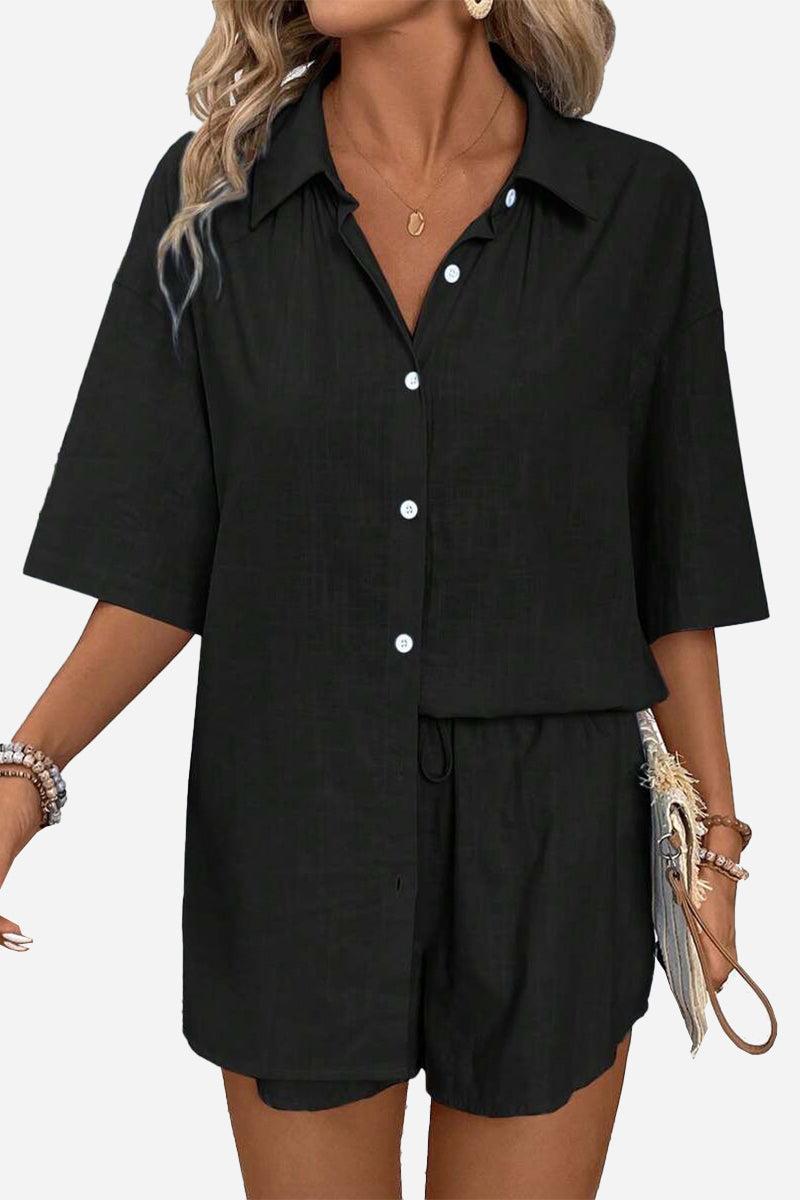 Coastal Linen Cotton black two-piece women's set with button-down shirt and shorts, breathable cotton-linen blend, relaxed fit summer outfit