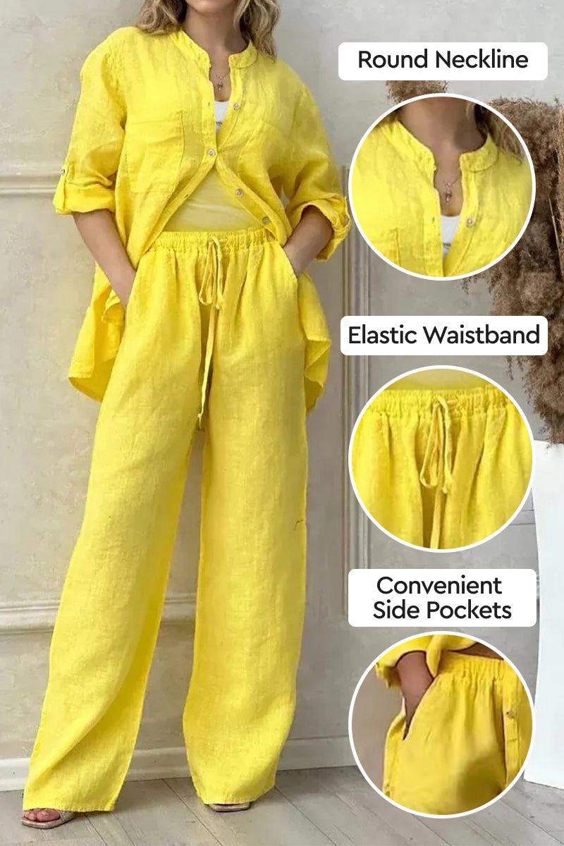 Women's yellow 100% cotton double comfort two-piece set with round neckline, elastic waistband, and side pockets