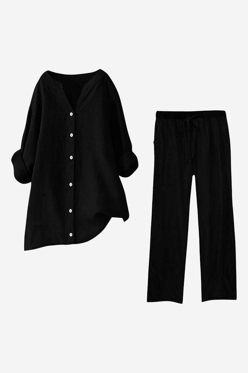 Black 100% cotton two-piece relaxed fit comfort set with button-up top and drawstring pants double comfort set