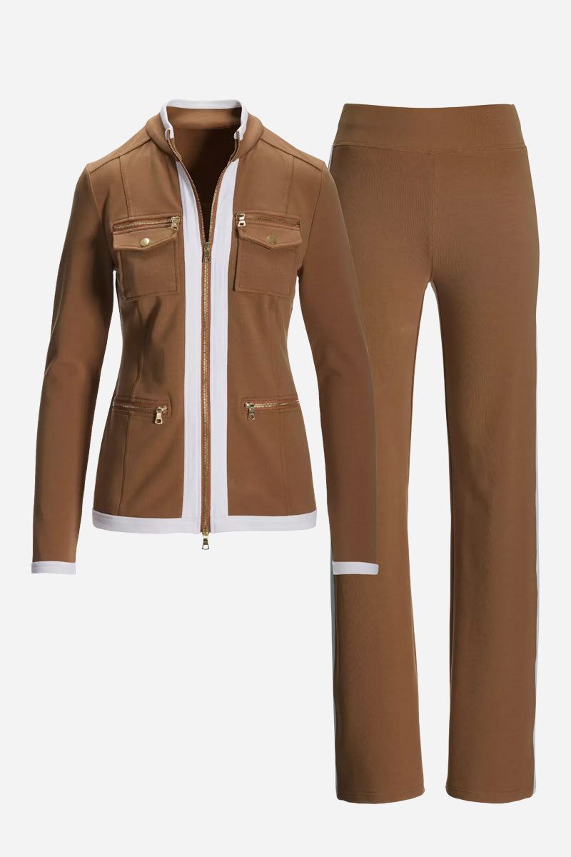 Brown contrast zip two-piece women's outfit with jacket and pants in soft stretch fabric