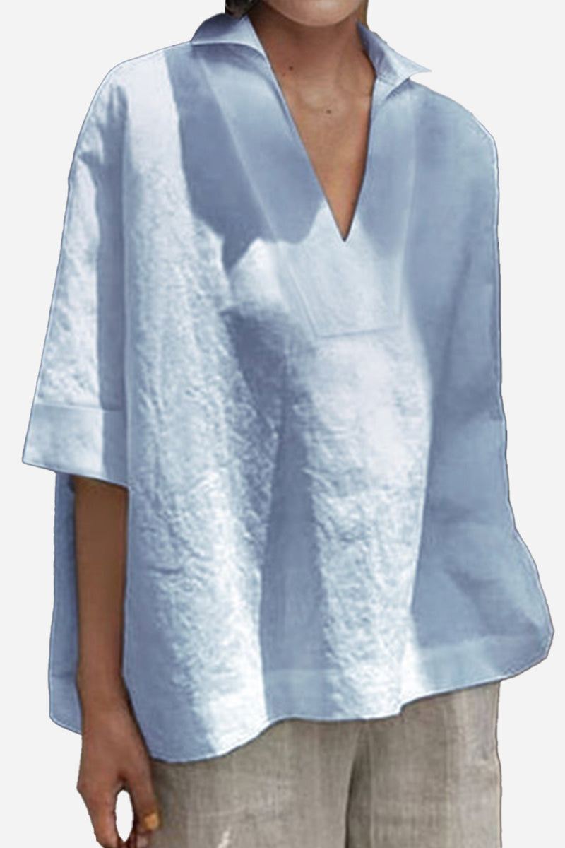 Light blue Cotton-Linen V-Neck relaxed fit shirt with breathable fabric and half sleeves