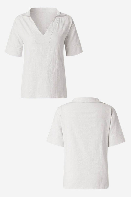 White Cotton-Linen V-Neck relaxed fit breathable shirt with short sleeves front and back view
