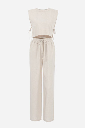 Breathable cotton-linen blend two-piece sleeveless top and drawstring pants set in beige