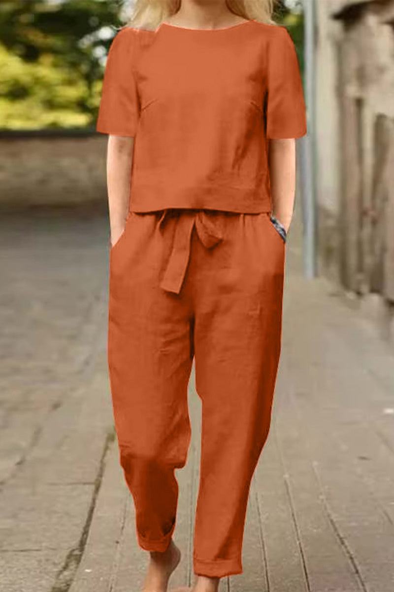 Women’s rust-colored cotton-linen blend two-piece set with relaxed fit top and pants