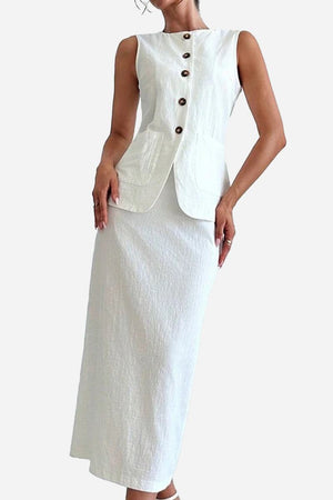 Woman wearing white cotton-linen blend sleeveless vest and high-waisted skirt two-piece outfit