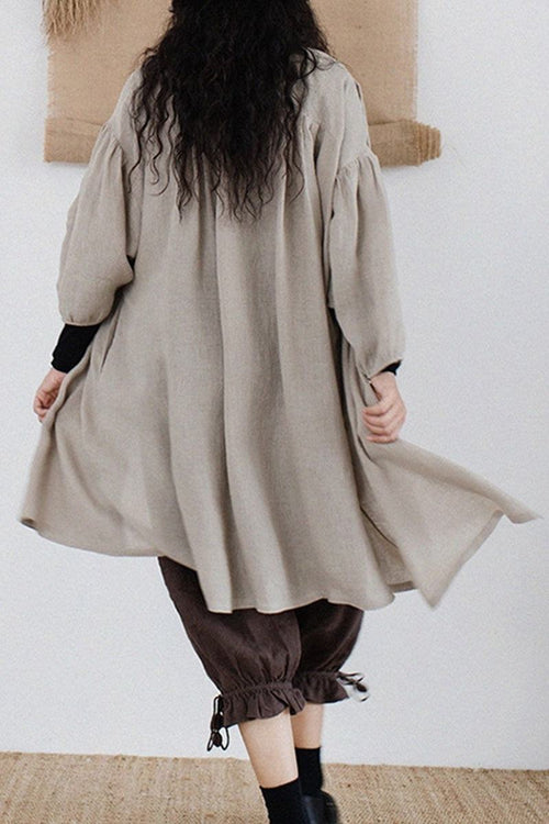 100 linen oversized button-down tunic in neutral grey with flowy sleeves and relaxed fit