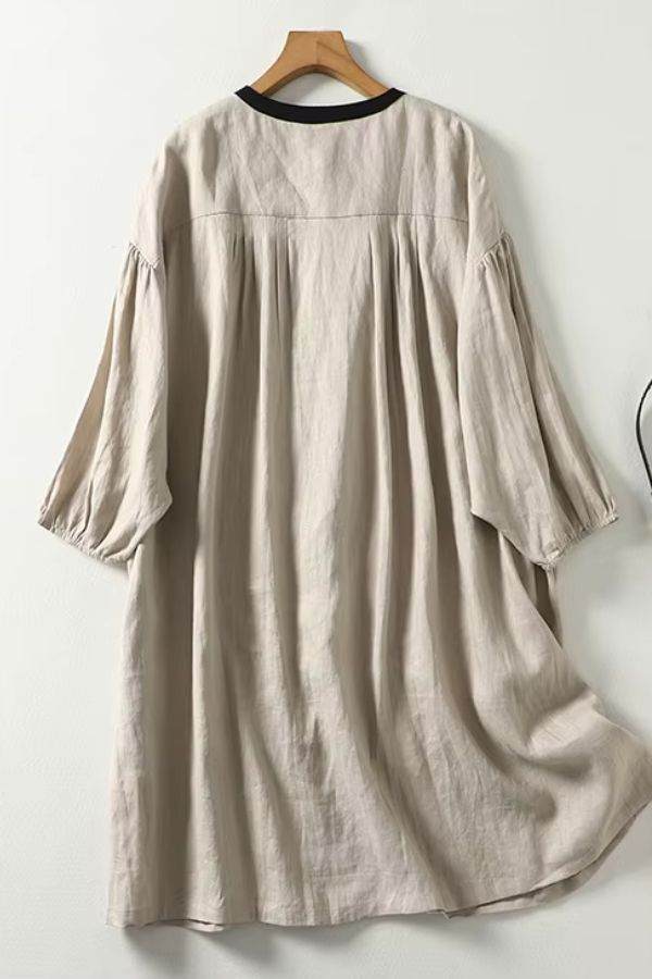 oversized 100 linen button-down tunic dress with flowy sleeves in neutral grey
