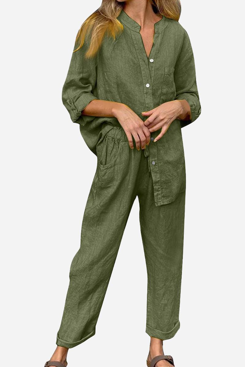 Casual Chic Two-Piece Set olive green relaxed fit button-up top with matching pants