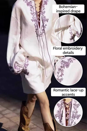 100% linen set with floral embroidery, bohemian-inspired drape, and romantic lace-up accents in white breathable fabric